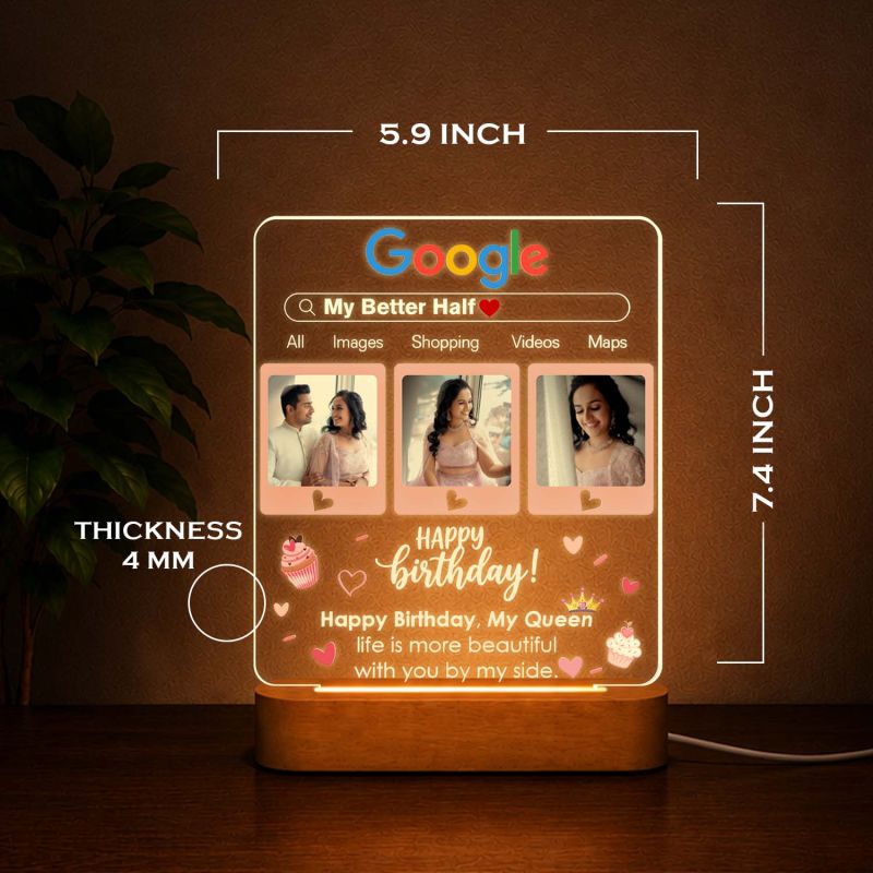 Personalized Google Page Theme Birthday Gift for Wife, Soulmate, Fiancée & Better Half – Warm Light Bedside Table Lamp with Wooden Stand Anniversary, Birthday & Valentine’s Day Gift